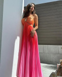 Women Gradient Halter Pleated  Beach Vacation Maxi Dress