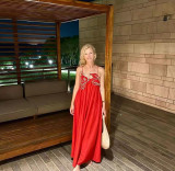 IHOOV Fish-Shaped 3D Embroidered Bustier Pleated Red Spaghetti Strap Dress