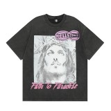 Unique Tidal Hell Star Digital Print Pure Cotton Washed Short Sleeve T-shirt