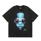 Unique Tidal Hell Star Digital Print Pure Cotton Washed Short Sleeve T-shirt