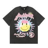 Unique Tidal Hell Star Digital Print Pure Cotton Washed Short Sleeve T-shirt