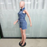IHOOV Sleeveless Belt Waist Slim Fit Stretch Washed Denim Short Jumpsuit