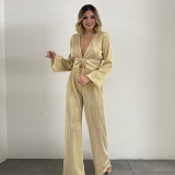 IHOOV  V-Neck Puff Sleeve Top & Wide-Leg Trousers Casual Set