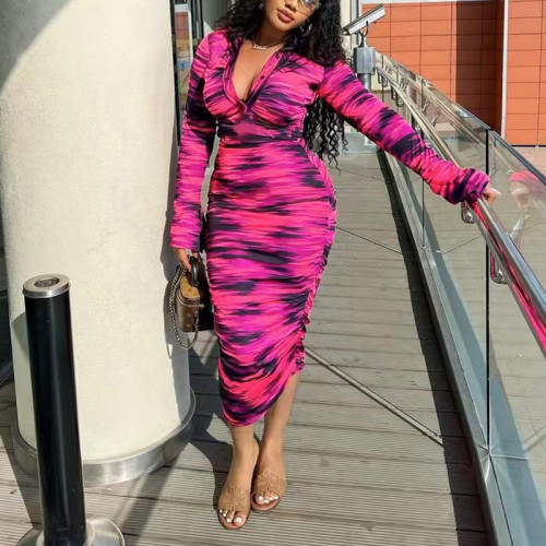 IHOOV Elegant Floral Print Long Sleeve Ruched Midi Dress