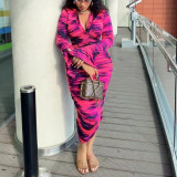 IHOOV Elegant Floral Print Long Sleeve Ruched Midi Dress