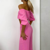 IHOOV Cotton Wrinkle-Free Off-Shoulder Short Sleeve Top & High-Waisted Wide-Leg Pants Casual Set