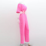 IHOOV Cotton Wrinkle-Free Off-Shoulder Short Sleeve Top & High-Waisted Wide-Leg Pants Casual Set