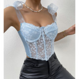 IHOOV Lace Floral Strap Mesh Hollow Diamond Fishbone women Tank Top