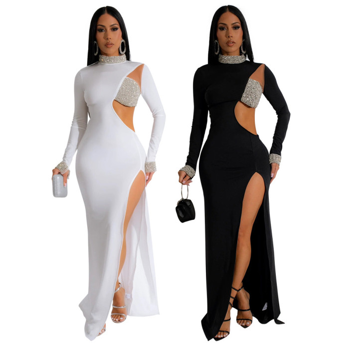 Solid Color Beaded Long Sleeve High Slit Evening Dress For Women