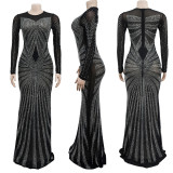 IHOOV Sheer Mesh Long Sleeve Dress with Rhinestone