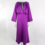 IHOOV Vintage-Inspired Long Sleeve Waist-Defined V-Neck Maxi Dress for Women