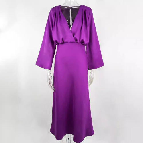 IHOOV Vintage-Inspired Long Sleeve Waist-Defined V-Neck Maxi Dress for Women
