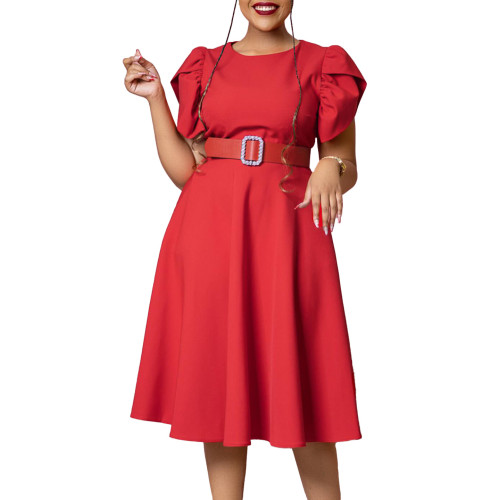 Elegant Pleated A-Line Dress with Round Neck - Ihoov