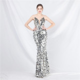 Ihoov Sparkling Sequin Maxi Evening Dress with Strappy Design