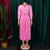 Ihoov Long Sleeve High-Waisted Pleated Solid Color Dress