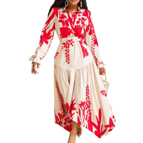 IHOOV Long Sleeve Printed Lapel Irregular Loose Dress Women's skirt