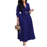 Ihoov Long Sleeve High-Waisted Pleated Solid Color Dress