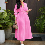 Ihoov Long Sleeve High-Waisted Pleated Solid Color Dress