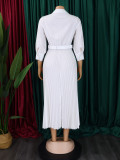 Ihoov Long Sleeve High-Waisted Pleated Solid Color Dress