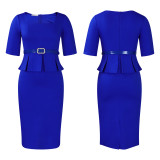 Ihoov Short-Sleeve OL Peplum Waist Dress with Ruffle Hem
