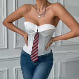 Ihoov Solid Color Satin Bow Tie Fishbone Lace-Up Corset Top