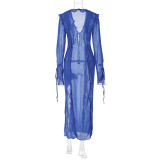 Ihoov Seductive Sheer Cut-Out V-Neck Maxi Dress with Side Tie