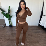 Ihoov Hooded Zip-Up Long Sleeve Top & Flared Pants Fashion Set