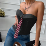 Ihoov Solid Color Satin Bow Tie Fishbone Lace-Up Corset Top