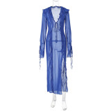 Ihoov Seductive Sheer Cut-Out V-Neck Maxi Dress with Side Tie
