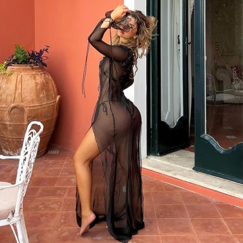 Ihoov Seductive Sheer Cut-Out V-Neck Maxi Dress with Side Tie