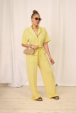Ihoov Solid Color Short-Sleeve Shirt and Long Casual Wide-Leg Pants Set