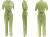 Ihoov Solid Color Short-Sleeve Shirt and Long Casual Wide-Leg Pants Set