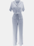 Ihoov Solid Color Short-Sleeve Shirt and Long Casual Wide-Leg Pants Set
