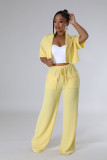 Ihoov Solid Color Short-Sleeve Shirt and Long Casual Wide-Leg Pants Set