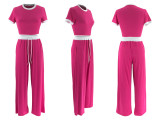 ihoov Contrast Ribbed Crew Neck Short Sleeve Two-Piece Set