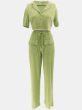 Ihoov Solid Color Short-Sleeve Shirt and Long Casual Wide-Leg Pants Set