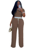 ihoov Contrast Ribbed Crew Neck Short Sleeve Two-Piece Set