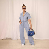 Ihoov Solid Color Short-Sleeve Shirt and Long Casual Wide-Leg Pants Set