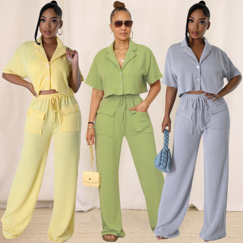 Ihoov Solid Color Short-Sleeve Shirt and Long Casual Wide-Leg Pants Set