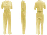 Ihoov Solid Color Short-Sleeve Shirt and Long Casual Wide-Leg Pants Set