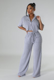 Ihoov Solid Color Short-Sleeve Shirt and Long Casual Wide-Leg Pants Set