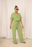 Ihoov Solid Color Short-Sleeve Shirt and Long Casual Wide-Leg Pants Set