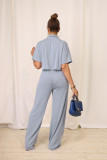 Ihoov Solid Color Short-Sleeve Shirt and Long Casual Wide-Leg Pants Set