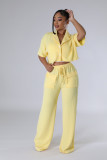 Ihoov Solid Color Short-Sleeve Shirt and Long Casual Wide-Leg Pants Set