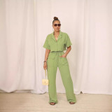 Ihoov Solid Color Short-Sleeve Shirt and Long Casual Wide-Leg Pants Set