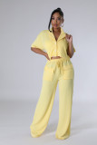 Ihoov Solid Color Short-Sleeve Shirt and Long Casual Wide-Leg Pants Set