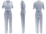 Ihoov Solid Color Short-Sleeve Shirt and Long Casual Wide-Leg Pants Set