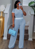 ihoov Contrast Ribbed Crew Neck Short Sleeve Two-Piece Set