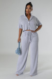 Ihoov Solid Color Short-Sleeve Shirt and Long Casual Wide-Leg Pants Set