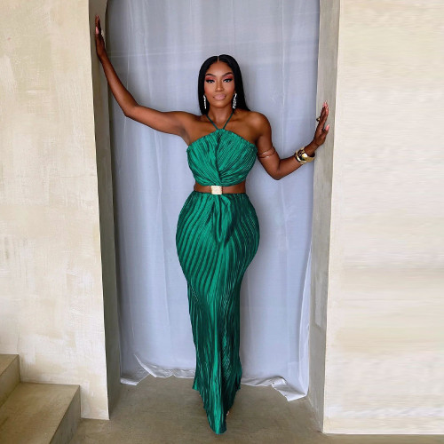 Ihoov Pleated Sensual Lace-Up Evening Dress with Back Slit